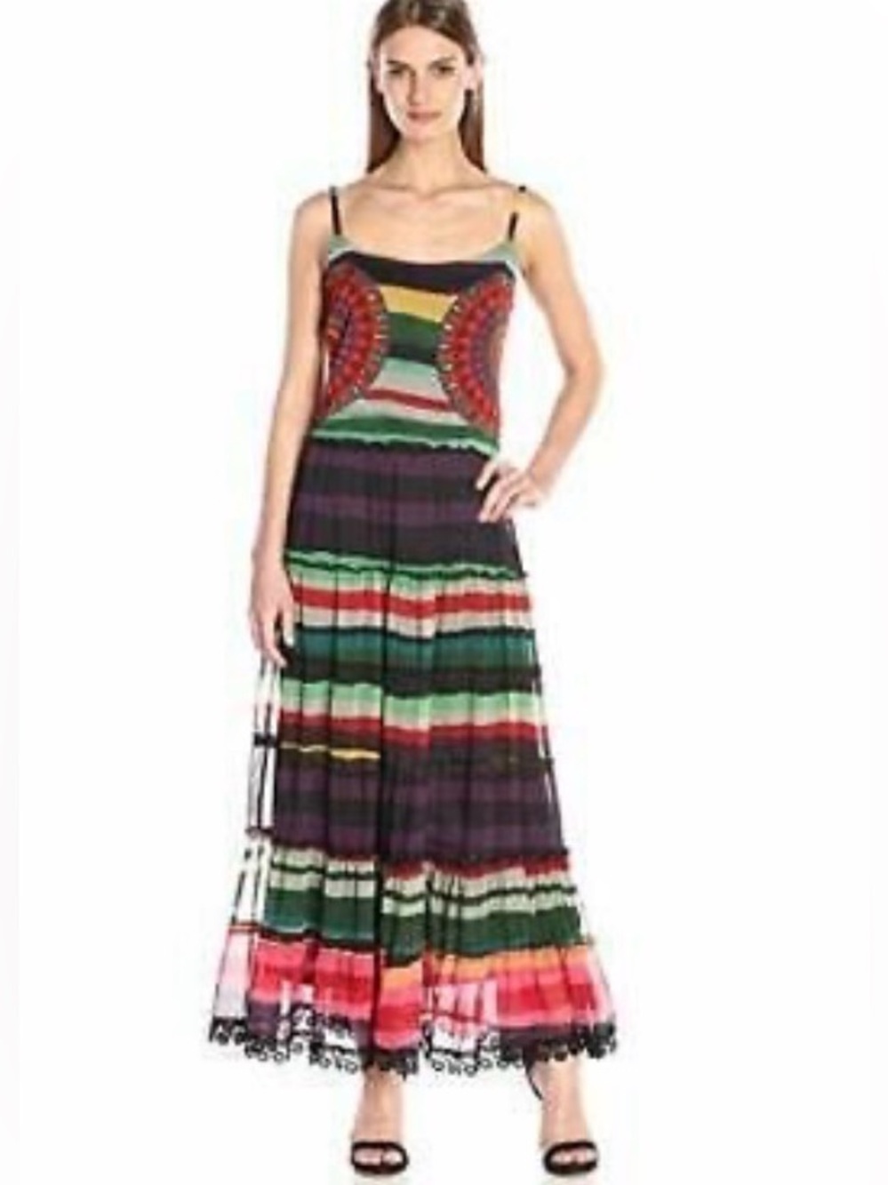 Desigual Multicolor Striped Maxi Dress with Spaghetti Straps. Gorgeous! Lined.